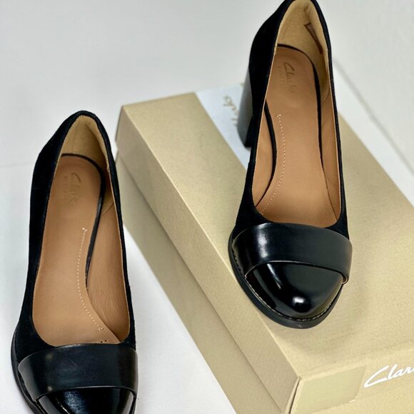 Clarks Artisan Tarah Brae Black Suede Patent Leather Pumps Women’s Size 6.5M - Picture 14 of 16